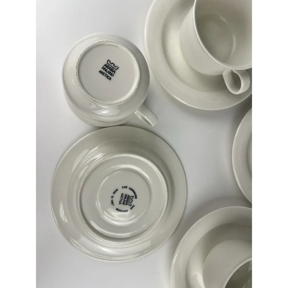 Arabia Finland Arctica White Cup & Saucer SET OF 4 MCM Minimalist